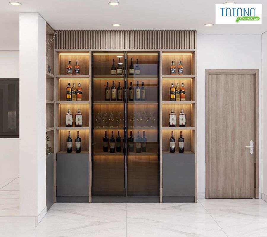 Tủ rượu gỗ công nghiệp kết hợp kính
